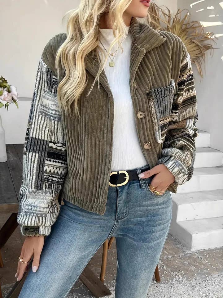 Olive Western Aztec patchwork fleece button-up jacket for wholesale on Faire9