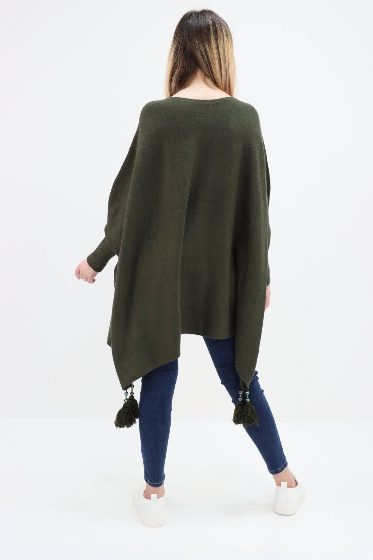 Miss Bold - Wholesale Poncho - Women's - Italian Plain Batwing Sleeves Tassels Tunic Poncho20