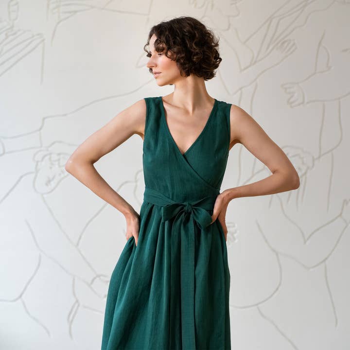 menique - Wholesale Jurk - Dames - Elegante zomerjurk Macie van linnen met overslag11