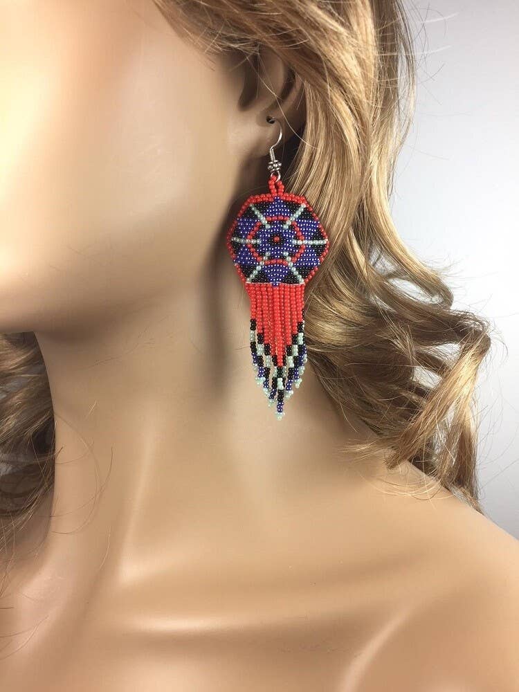BEADS CORNER - Wholesale Dangle Earrings - Handmade Beaded Red Blue Seed Bead Big Earrings1