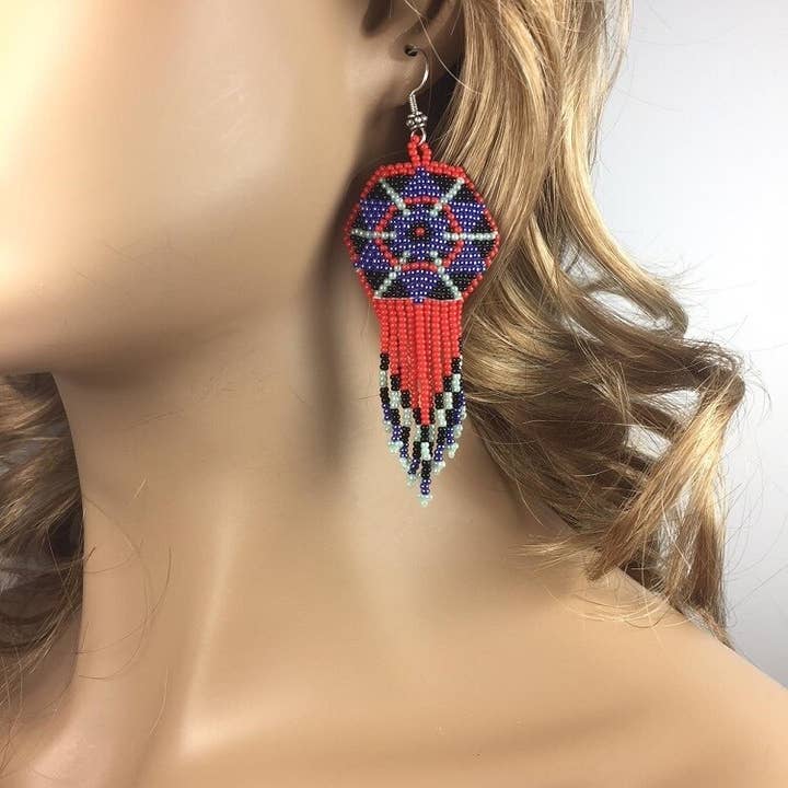 BEADS CORNER - Wholesale Dangle Earrings - Handmade Beaded Red Blue Seed Bead Big Earrings1