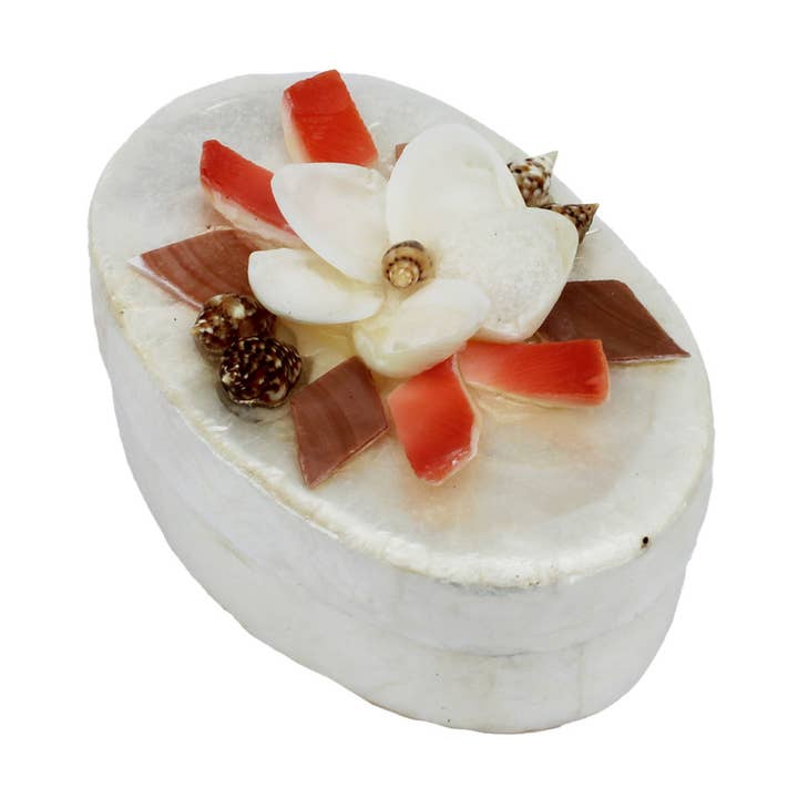 2" Oval Capiz Shell with Flower Design - Trinket Box for wholesale by California Seashell Company