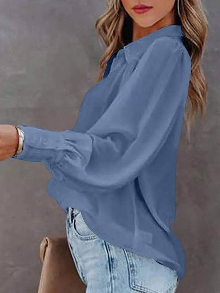 Fashion Combination - Wholesale Blouse - Women's - lantern sleeve ruched buttoned shirt13