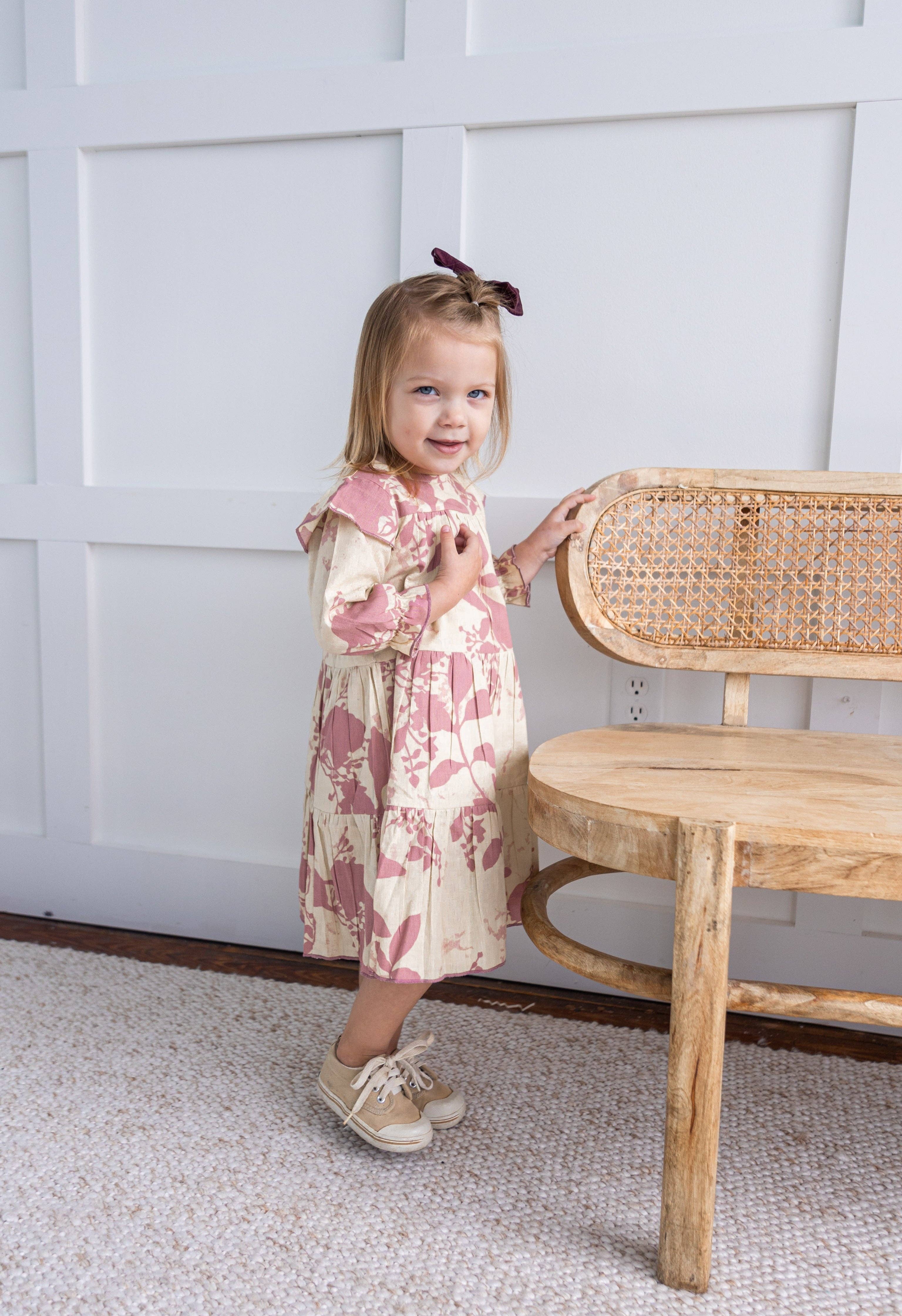 Yo Baby - Wholesale Dress - Kids - Dark Pink Leaf Printed Tiered Long Sleeve Dress2