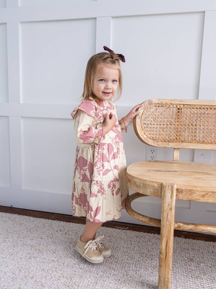 Yo Baby - Wholesale Dress - Kids - Dark Pink Leaf Printed Tiered Long Sleeve Dress2