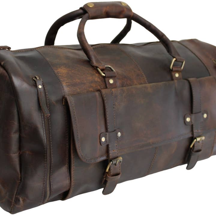 hide & chic - Wholesale Weekender bag – Unisex - Quality Full Grain Genuine Leather Travel Bag with Adjustable Shoulder Strap. FREE Leather Apple Air-tag Holder.17