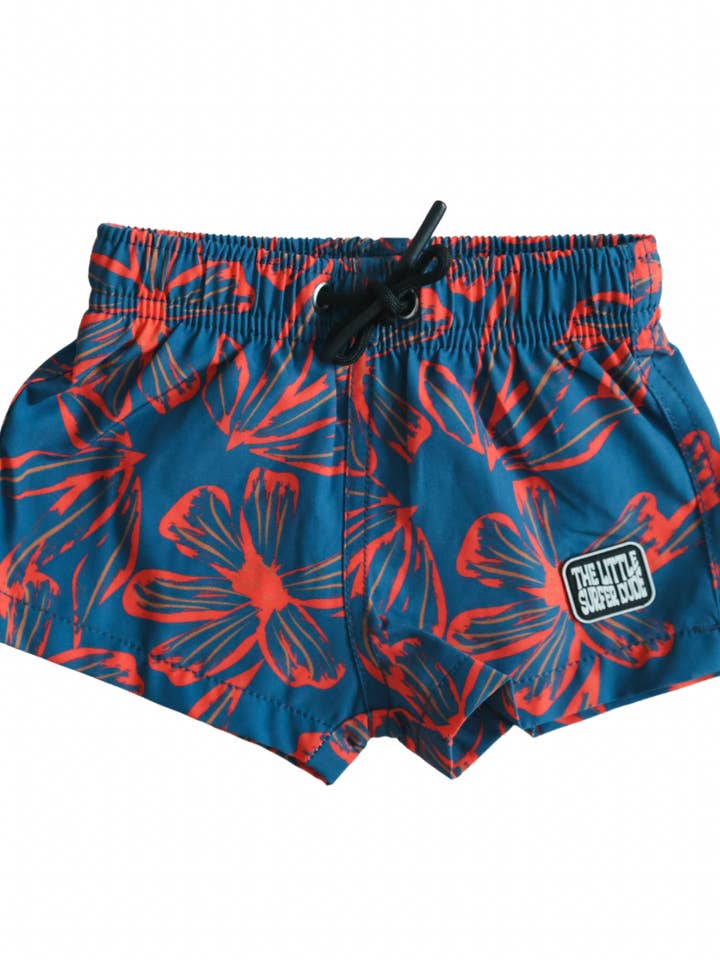The Little Surfer Dude - Wholesale Swim Shorts - Kids - Dark Blue + Red Flower Swim Trunks