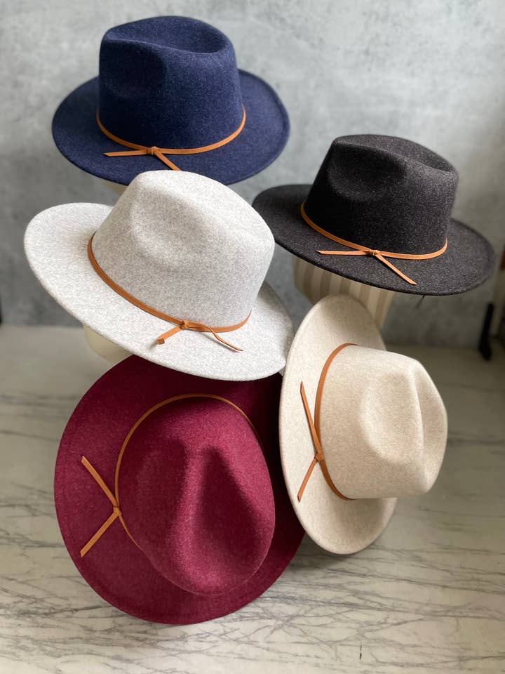 Vegan Felt Short Brim, Fedora Hat with Faux Suede Strap for wholesale by Love and Thyme