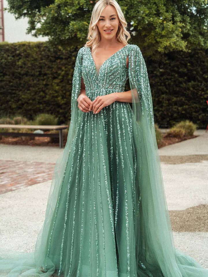 Wholesale Mother of the Bride Long Sequin Gown with Sheer Cape Sleeves, Illusion Bodice & A-Line Skirt by LAS3494 for wholesale by LA Merchandise