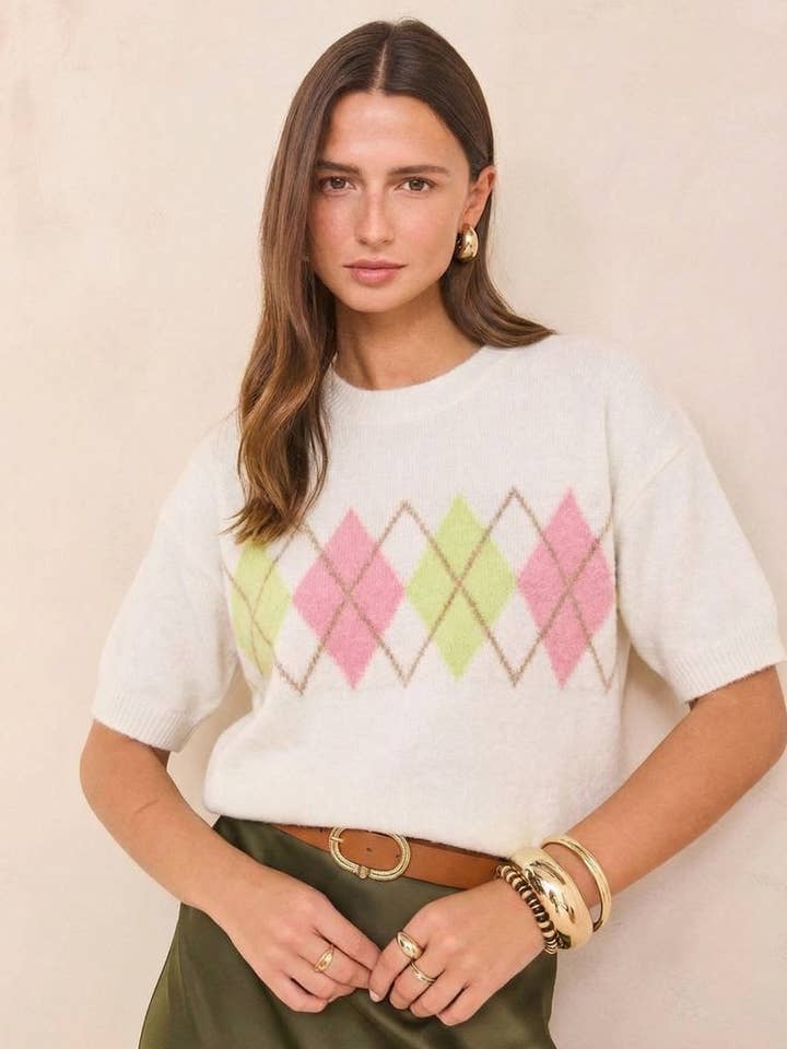 Pull maille manches courtes motifs losanges pour la vente par KY CREATION PARIS