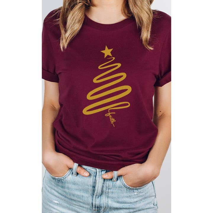 Weihnachtsbaum „Faith“ mit Sterngrafik und metallischer Goldtinte für den Großhandel von Kissed Apparel