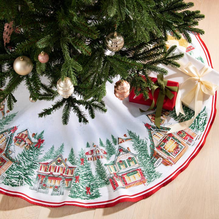 Storybook Christmas Village Holiday Round Tree Skirt - 48" for wholesale by Threadmade Home