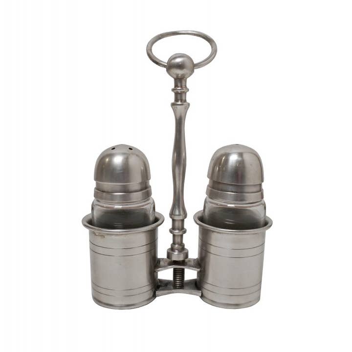 Silver brass salt and pepper set with stand 10x19 cm for wholesale by Isabelle Rose