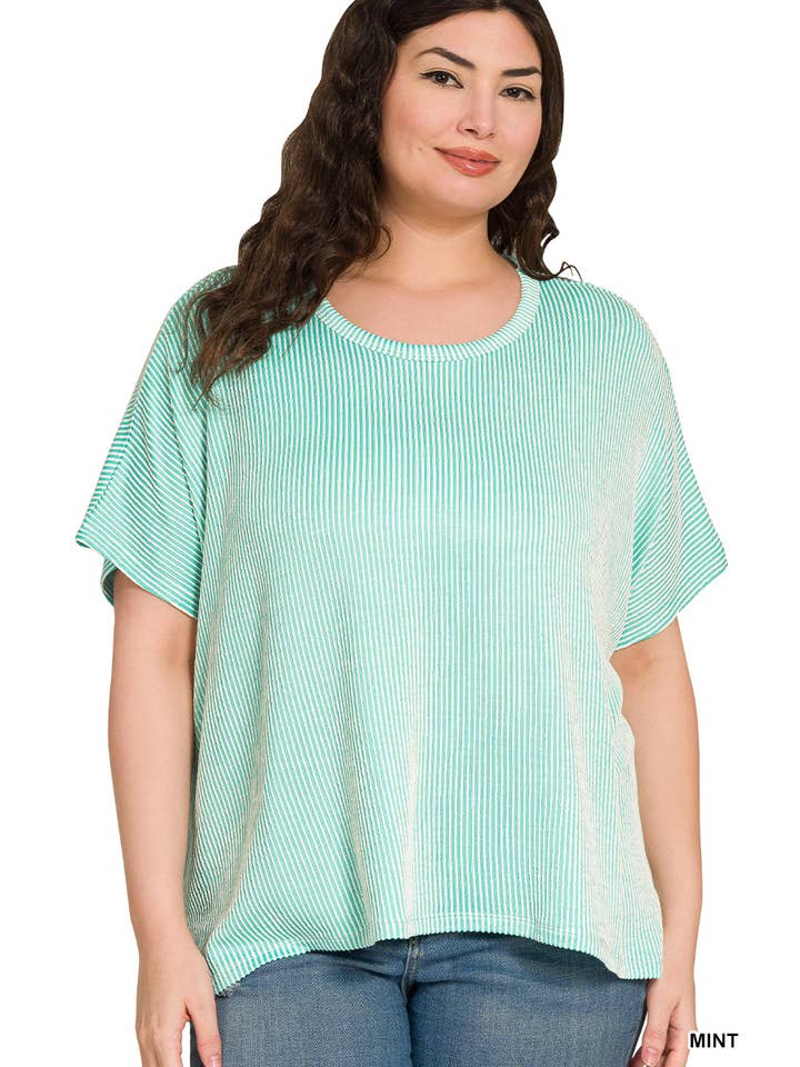 42POPS - Wholesale Knit Top - Women's - `.Plus size Ribbed Striped Oversized Short Slee5