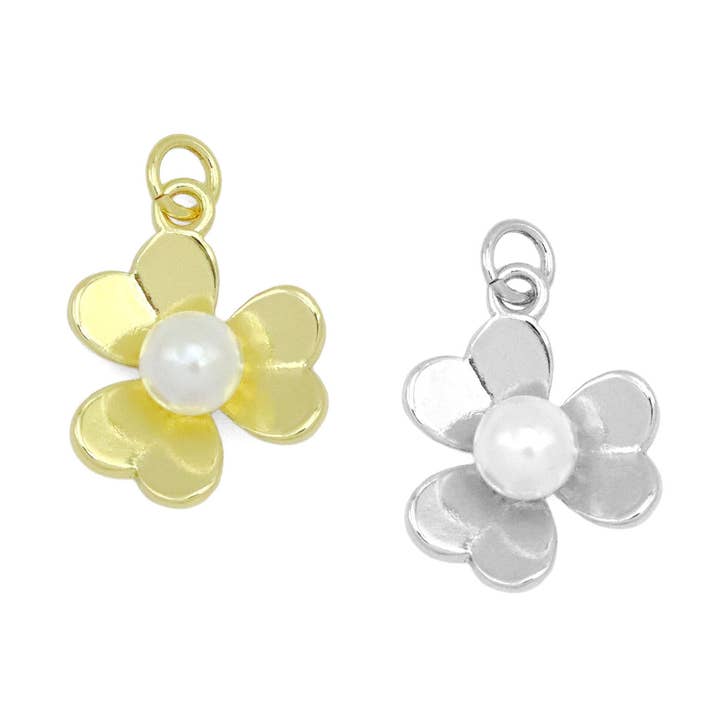 Gold White Pearl Flower Charm Pendant, Sku#LK1030 for wholesale by BestBeads&Beyond