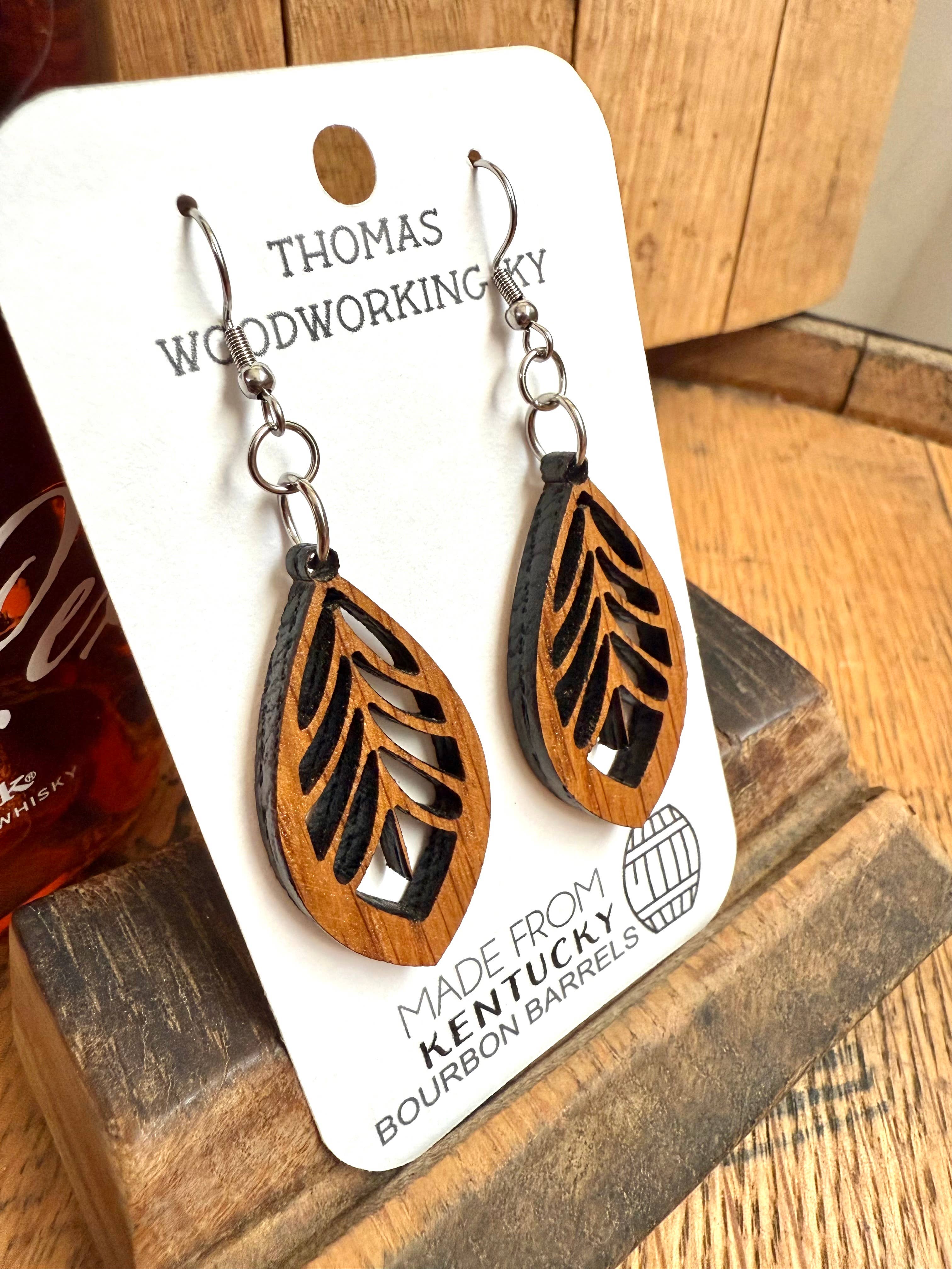 Brown Wood Bohemian Earrings made from bourbon whiskey barrels. for wholesale on Faire9