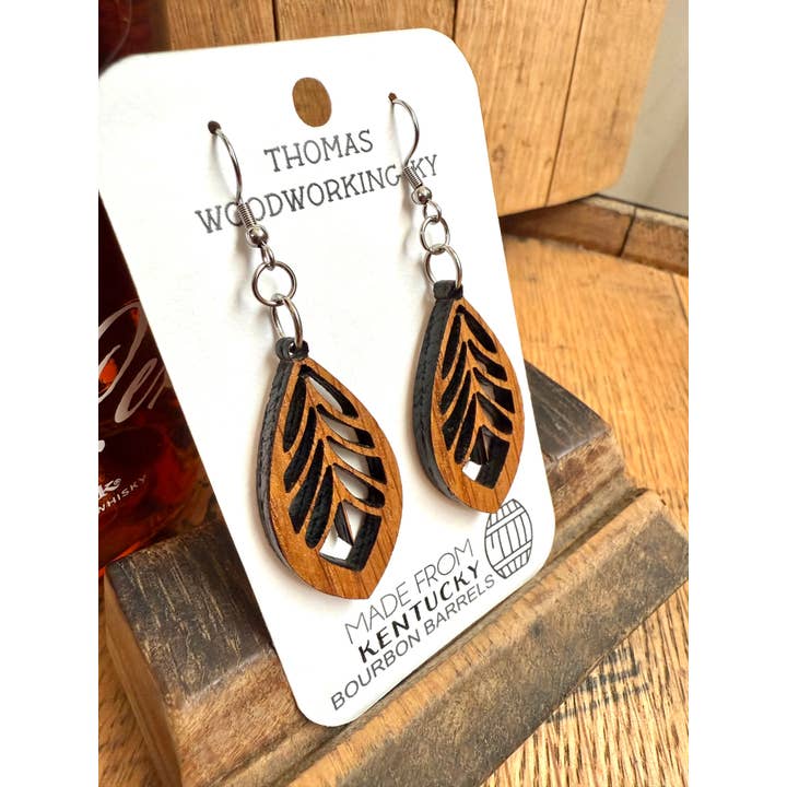 Brown Wood Bohemian Earrings made from bourbon whiskey barrels. for wholesale on Faire9