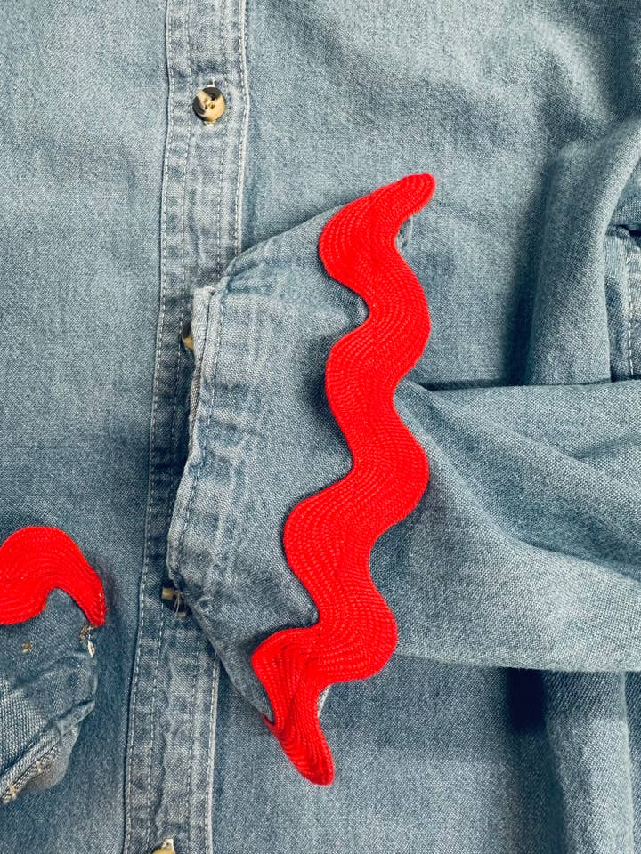 Bridget Denim w Red Ric Rac for wholesale on Faire2