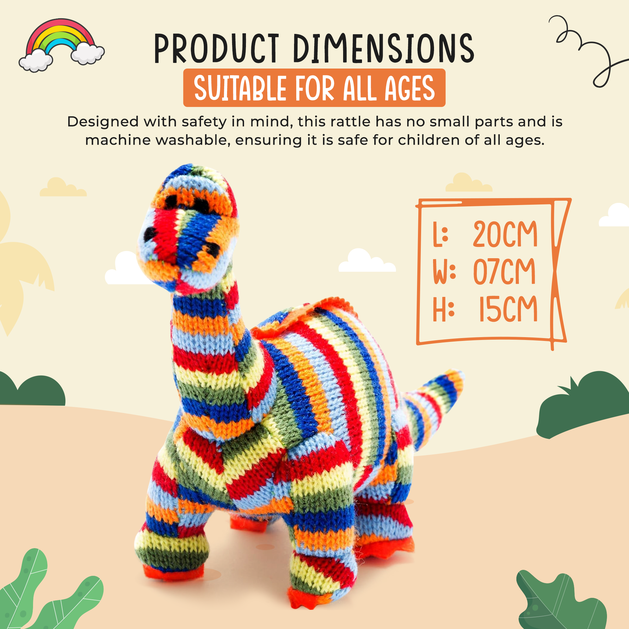 Best Years Ltd – wholesale Handheld rattle – Baby – Knitted Diplodocus Dinosaur Baby Rattle in Rainbow Stripes1