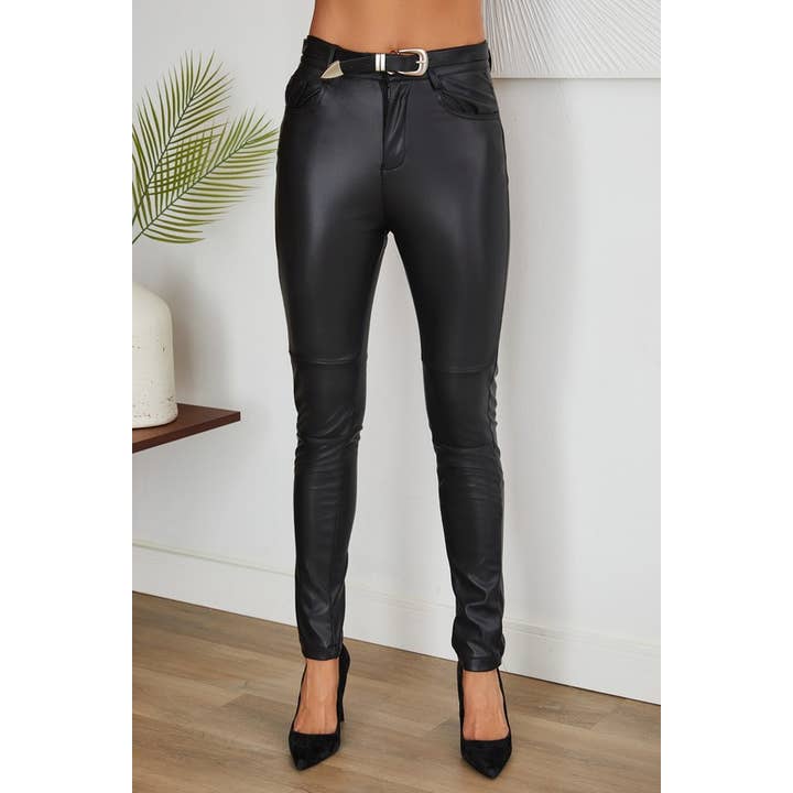 KNEE SEAM DETIAL PU PANTS WITH BELT (92007-PU) for wholesale by VENTI6