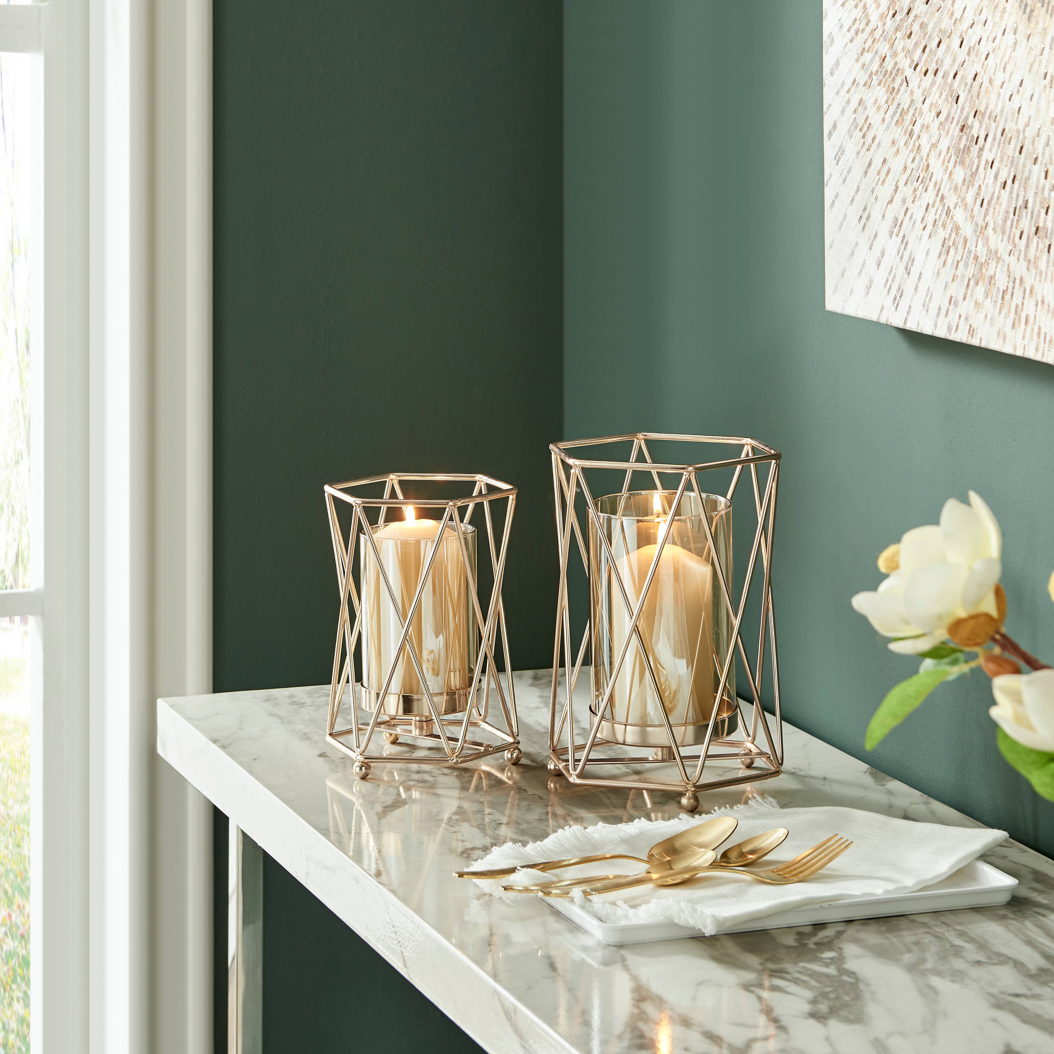 Danya B - Wholesale Candle Holder - Prism Warm Gold Hurricane Candle Holders - Set of 23