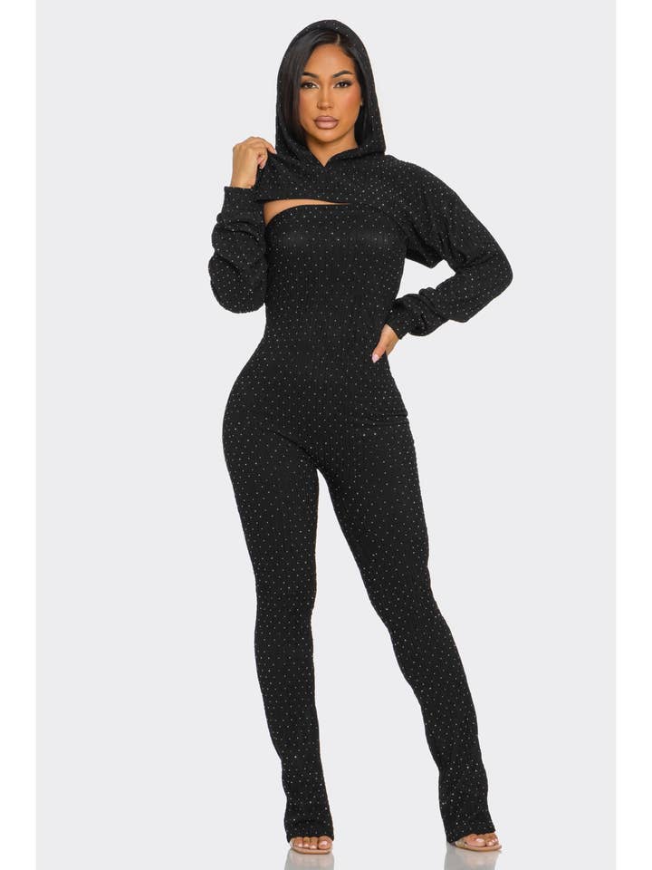 Ensemble combinaison à strass et sweat à capuche court pour la vente par ITSSY