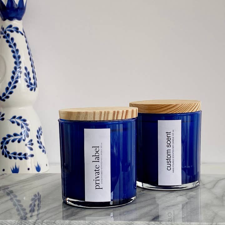 Custom Candles | Cobalt Blue Glass Wood Lid | Private Label for wholesale by Atelier 880