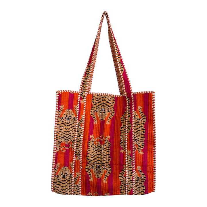 Quilted Block Print Tote - Orange Tiger for wholesale by Golden Lily