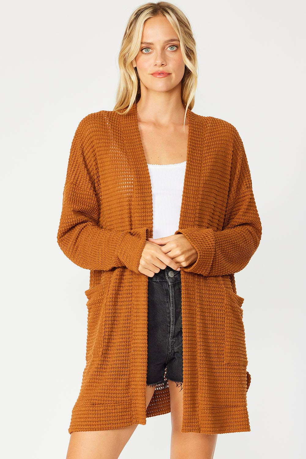 FSL Apparel - Wholesale Cardigan - Women's - SJ1005 - WAFFLE KNIT OPEN FRONT CARDIGAN WITH POCKETS3