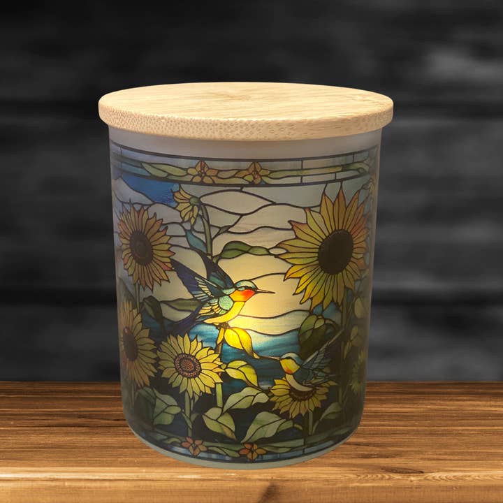 Teele and Co. - Wholesale Tea Light Candles - Sunflowers and Humming Birds Stained Glass Candle Jar with Tea Light1