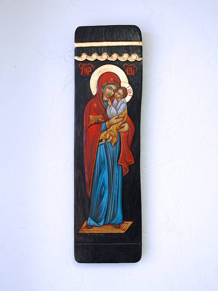 GAN4MR - Plaque murale accent icône grecque de la Vierge sculptée à la main pour la vente par Contreras Designs