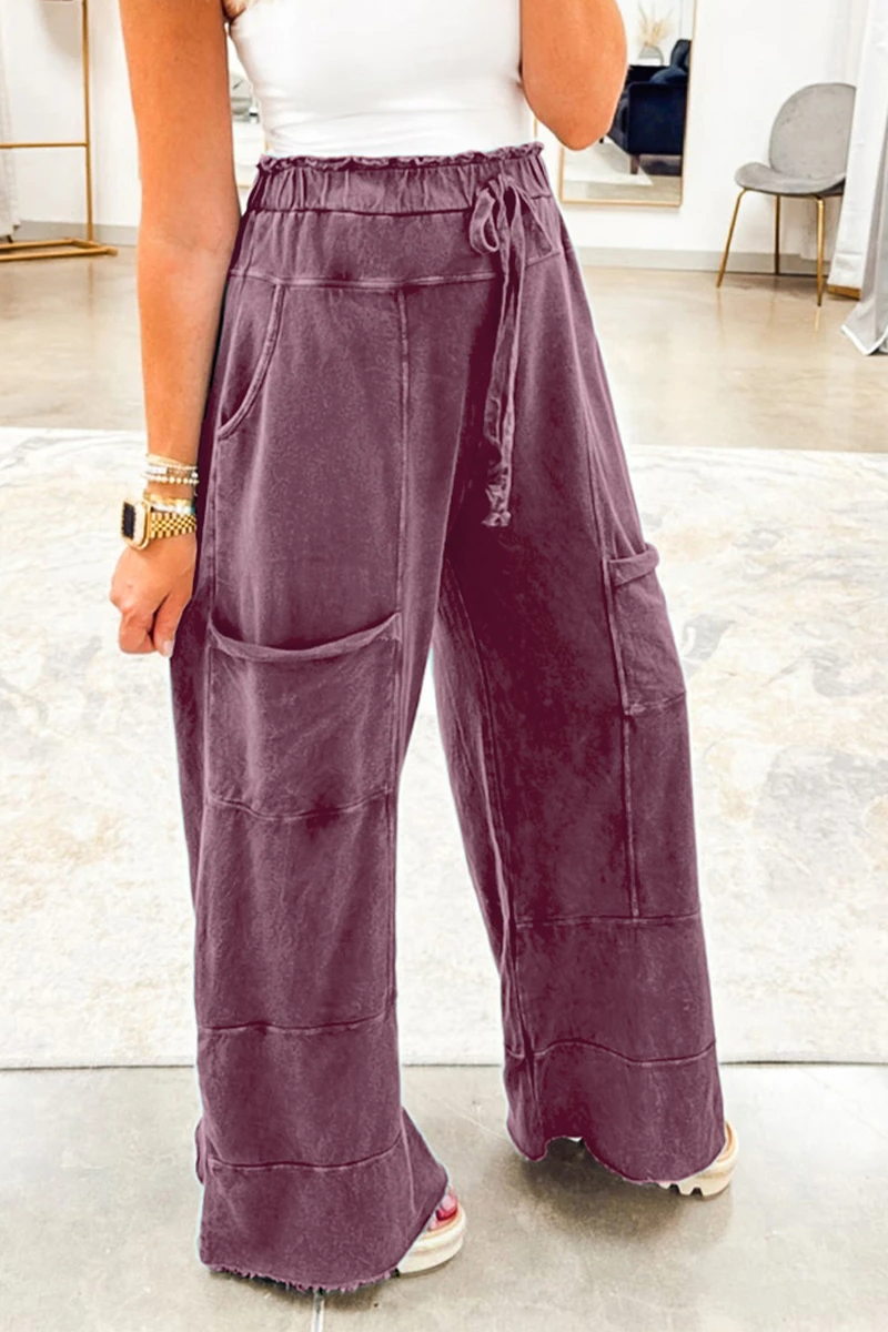 FULL TIME PURCHASE - Wholesale Pants - Women's - Mineral Wash Lace-up High Waist Raw Hem Patched Pocket Pants1