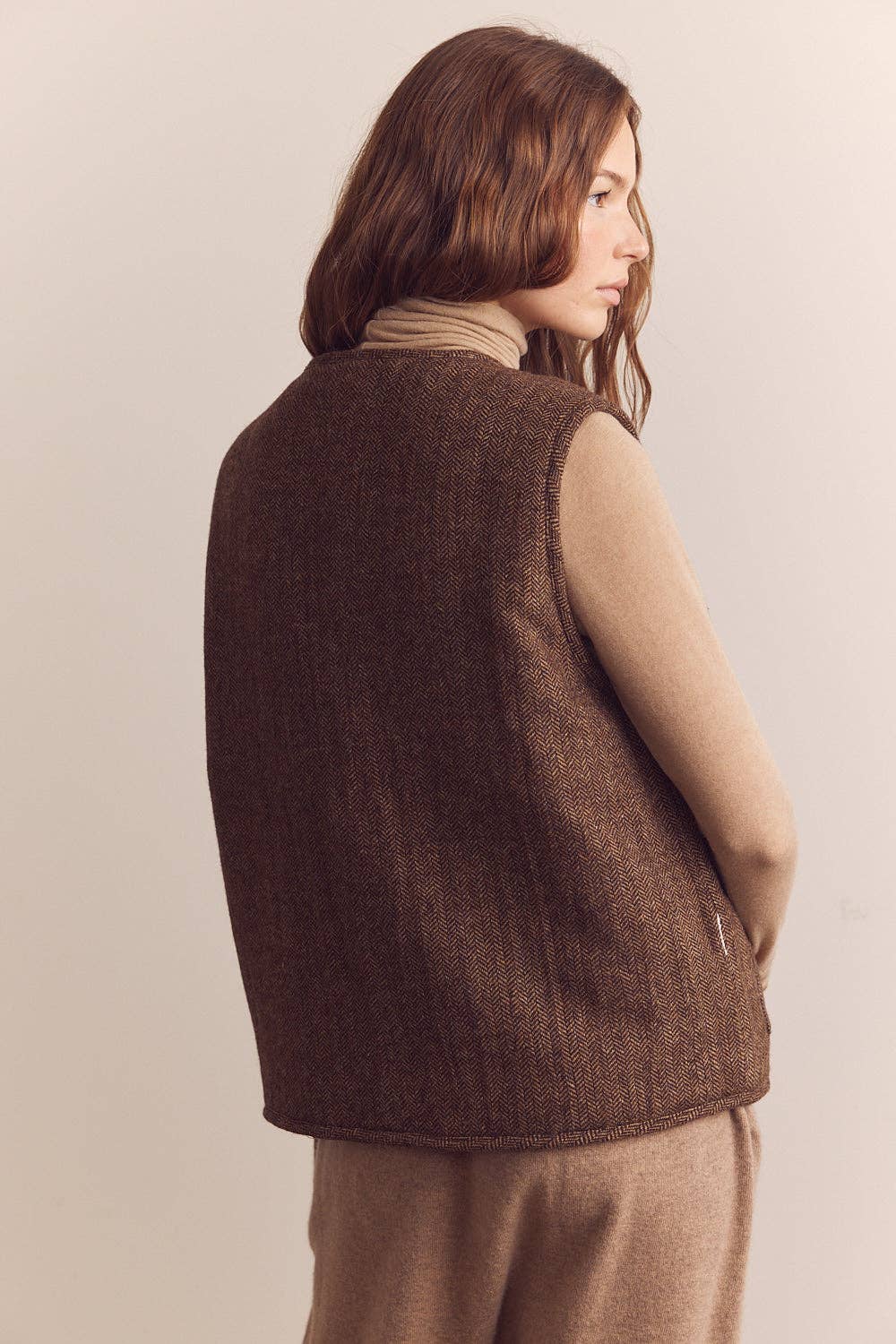 Mocha Brown Color block wool blend shepherd reversible vest  for wholesale on Faire7