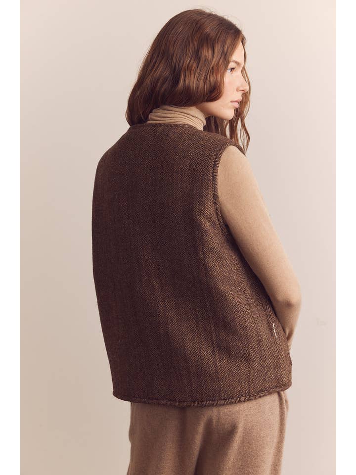 Mocha Brown Color block wool blend shepherd reversible vest for wholesale on Faire7