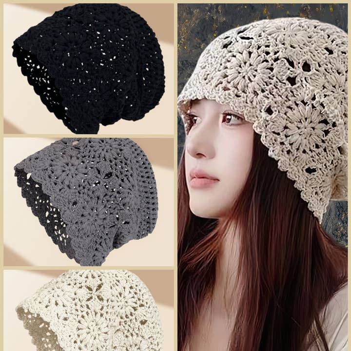 JC Sunny Fashion – Großhandel Beanie – Damen – Handgehäkelte Slouchy-Mütze im Vintage-Look mit Blumenmuster