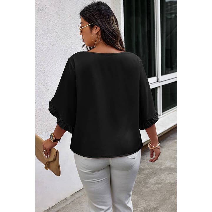 FUCHSIA Solid Plus V Neck Ruffle Trim Petal Sleeve Blouse for wholesale on Faire14