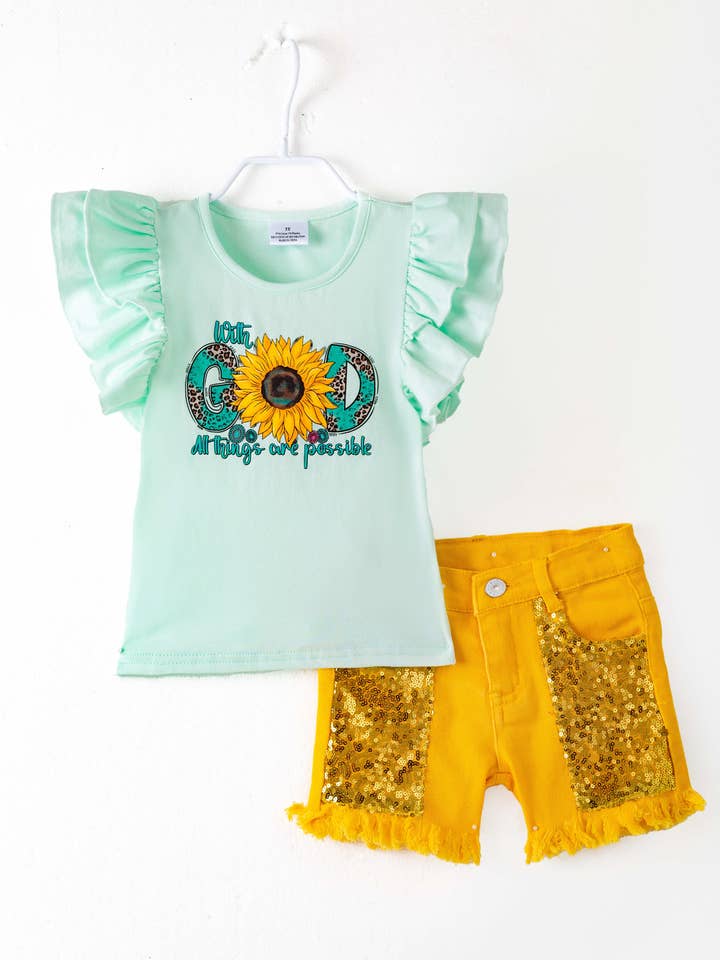 littleoneusa - Vendita all'ingrosso Completo top e pantaloncini - Bambini - Completo in Denim per Ragazza con Paillettes a Girasole Giallo