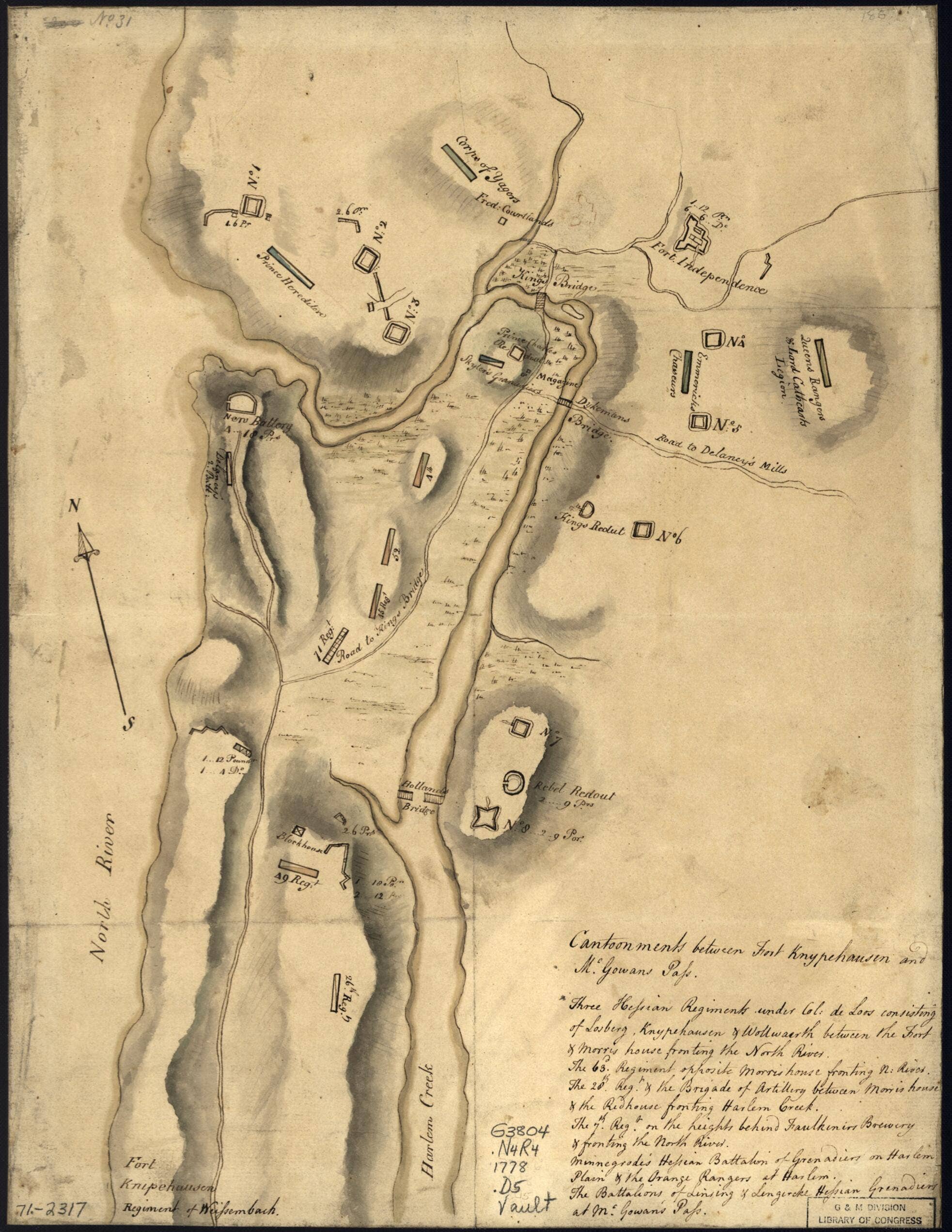 Relic Map Co. – wholesale Map – Disposition of British Troops, With Fortifications North of Fort Knipehausen, I.e. Fort Washington to Fort Independence 17780
