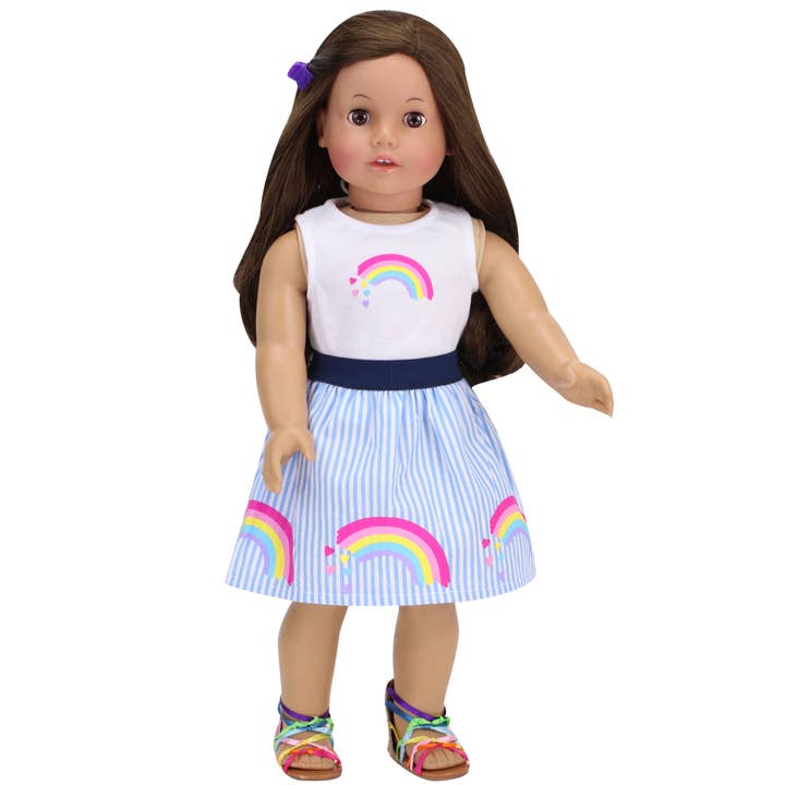 18" Doll - Rainbow Stripe Skirt & Tank - White for wholesale by Teamson