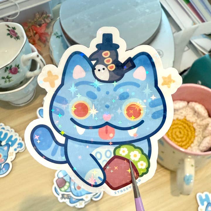 Starry Paw Shop - Wholesale Sticker - Derpy Blue Tiger Bird sticker 2.8” sparkly waterproof1