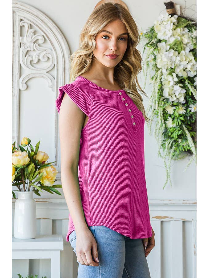 7th Ray – Engroshandel Strikket top - Dame – Solid Rib Knap-Front Flæseærme Top T51562