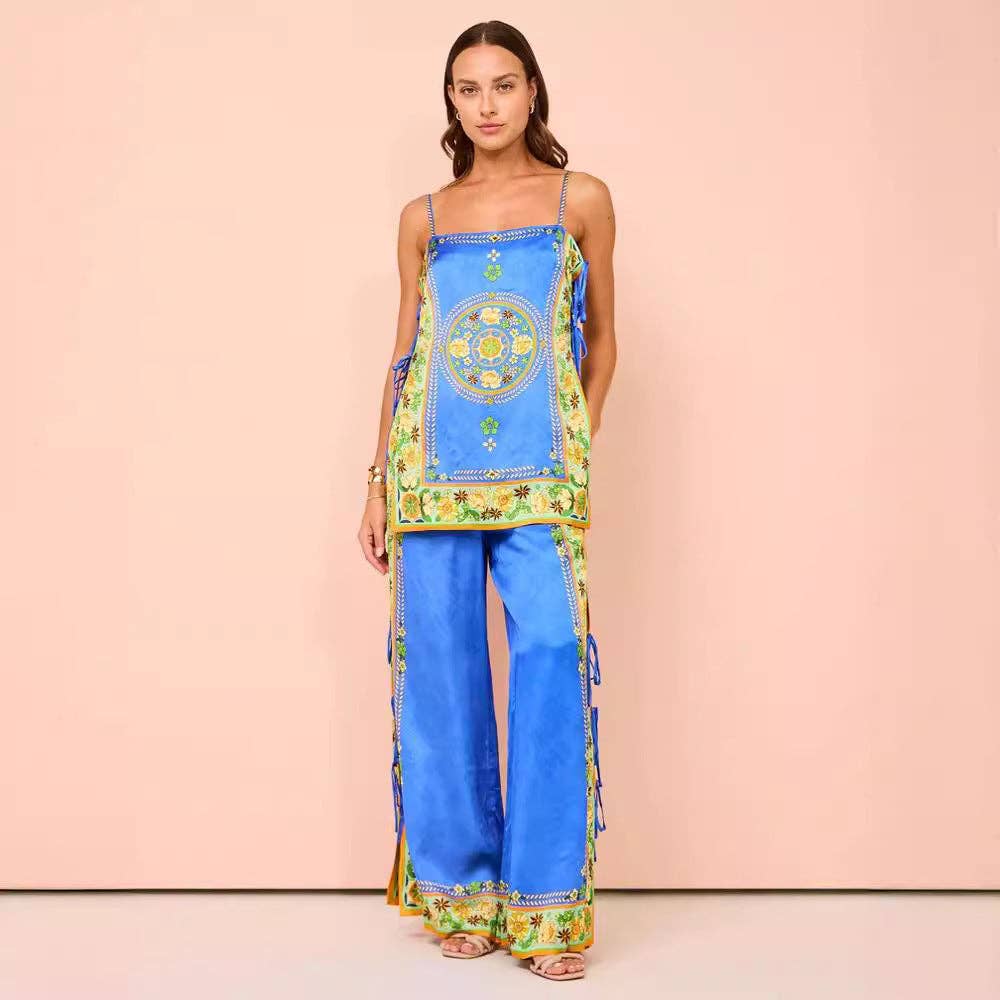 Blå 2025 nyt vintage silkesæt med global chic og afslappet stil for engroshandel på Faire2