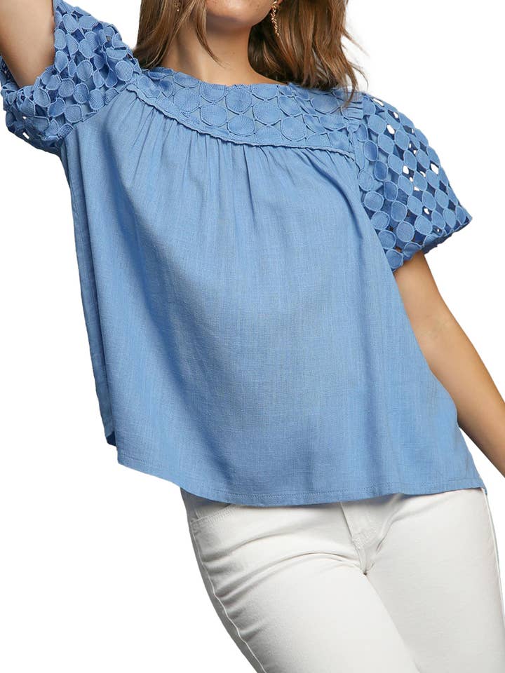 Top de Linho Misto de Linho com Renda de Bolinhas por atacado de Vanilla Monkey