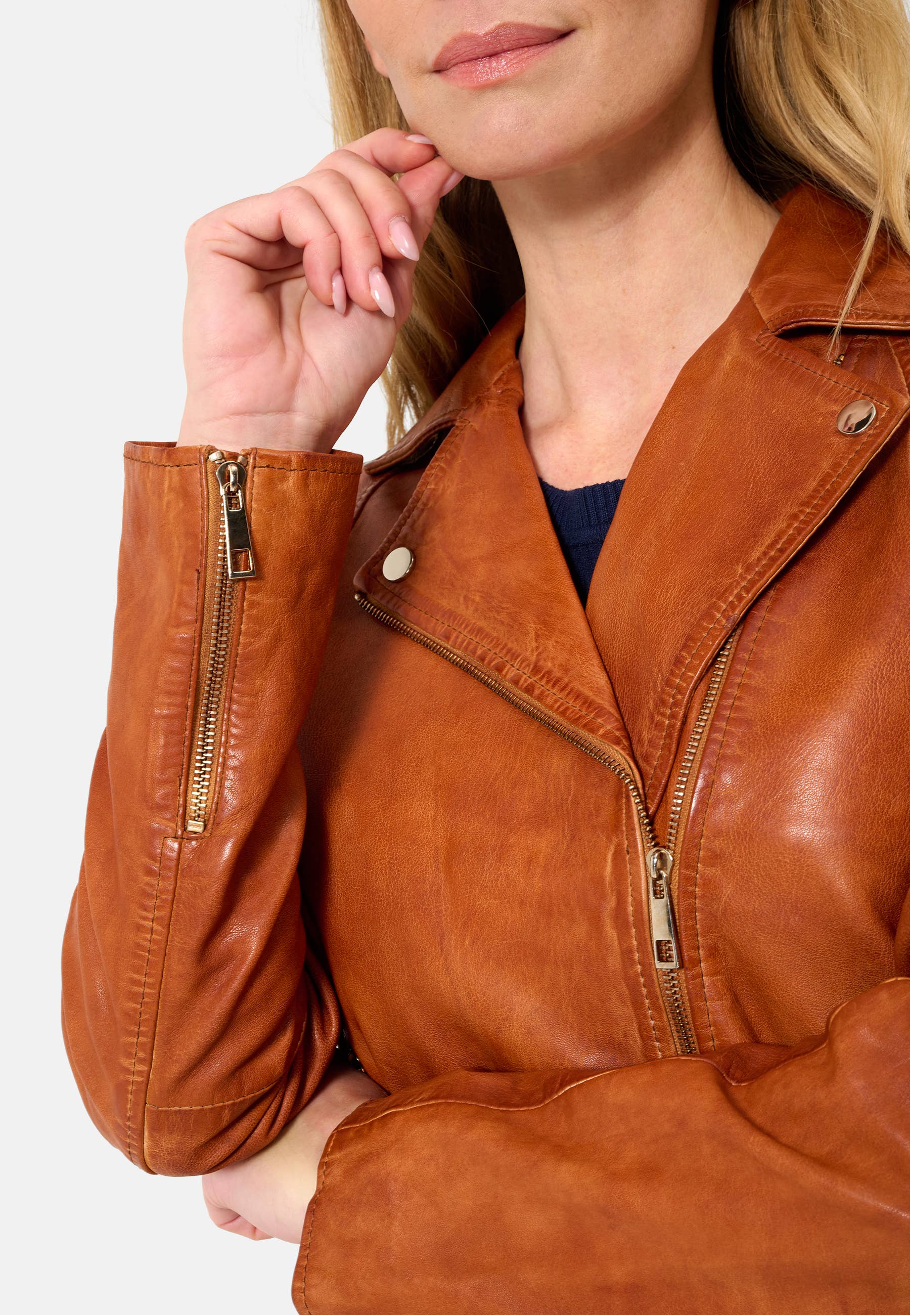 Ricano - Venta al por mayor Chaqueta de cuero - Mujer - Chaqueta biker de cuero de cordero para mujer Antonia con cuello de solapa3