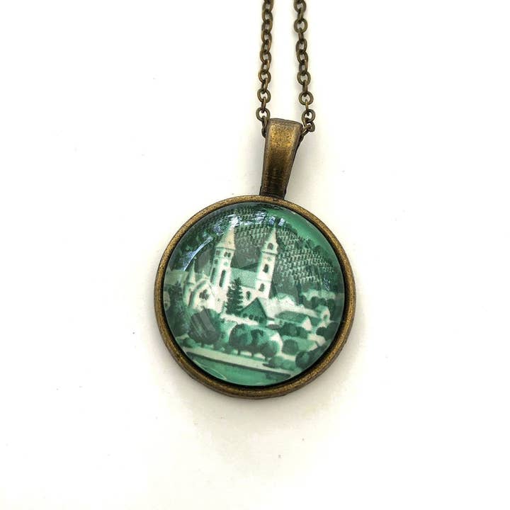 1973 Tokaj, Hungary Stamp - Postage Stamp Jewelry - Vintage Postage Stamp Necklace - Antique Bronze for wholesale by Postage Stamp Jewelry