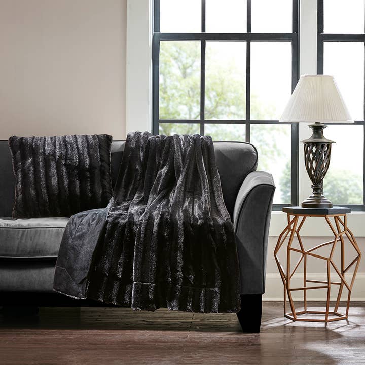 Ultra-Soft Plush Long Fur Throw Pillow and Blanket, Black for wholesale by Olliix