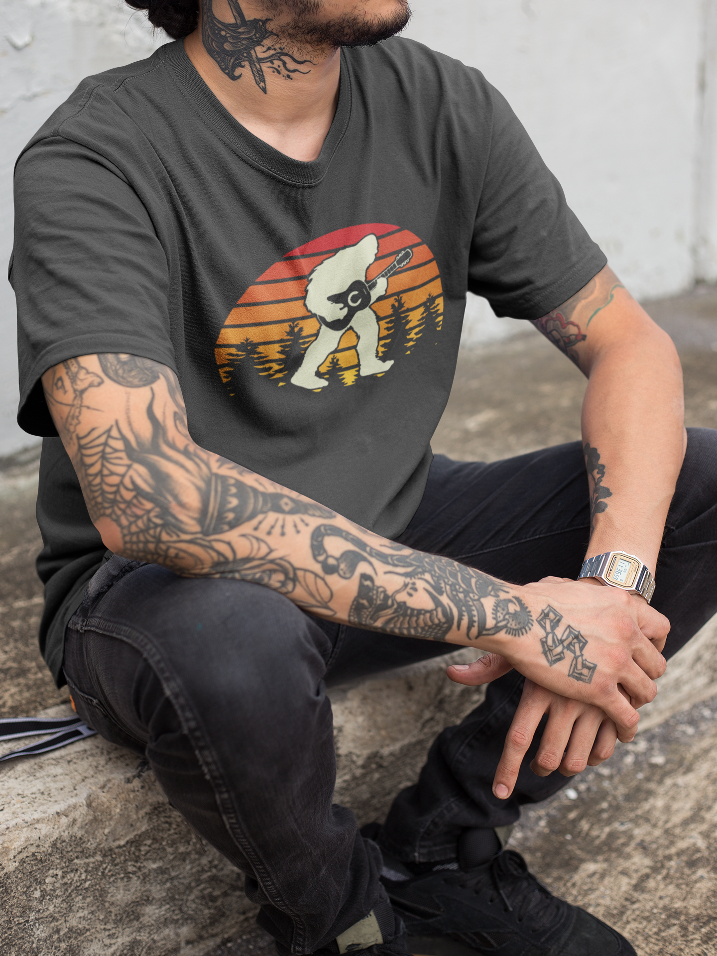 Heather Graphite Yeti Playing Guitar Shirt for wholesale on Faire1