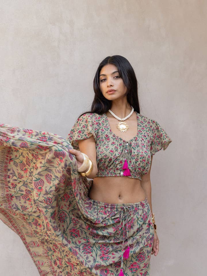 Block Printed Cotton Top and Skirt: Matching Set (Ziya ) for wholesale by The Fox and The Mermaid