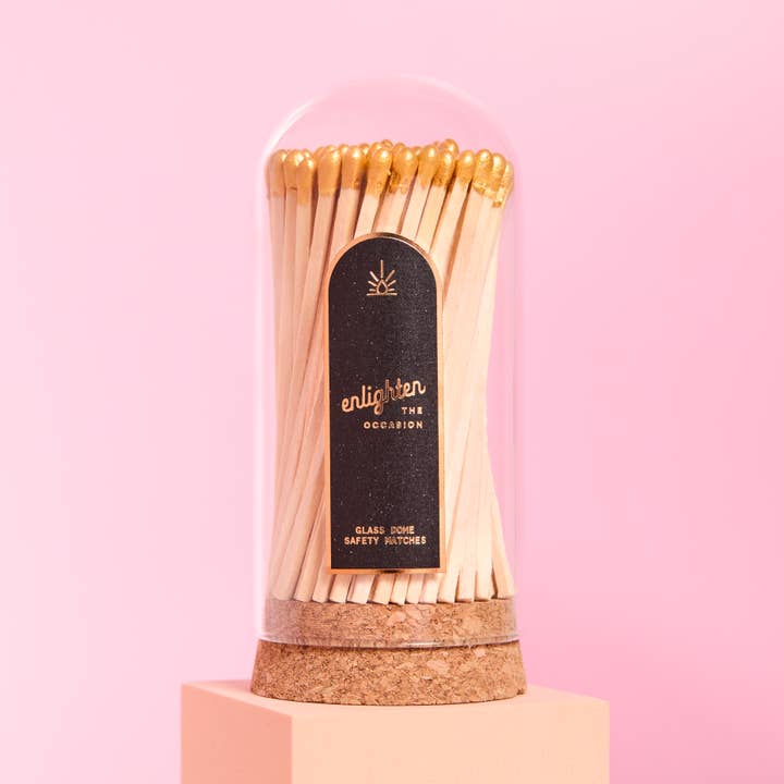Enlighten the Occasion - Venta al por mayor Cerillas - Cúpula de vidrio con corcho y cerillas doradas – Accesorio acogedor para el hogar1