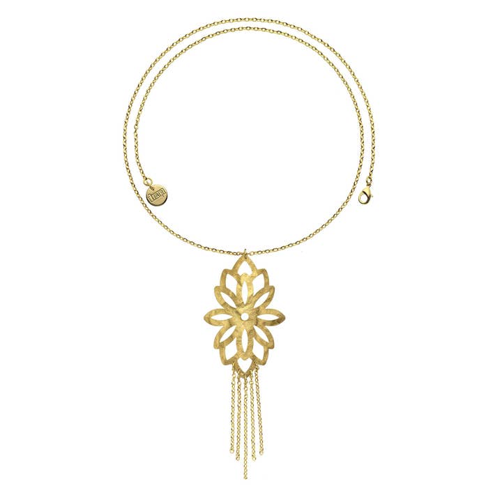 18K Gold EP Chain Necklace w/Blossom Pendant & Chain Fringe for wholesale by Luxe on Main LLC
